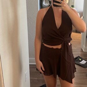 Brown Halter Wrap Top and Skirt Set